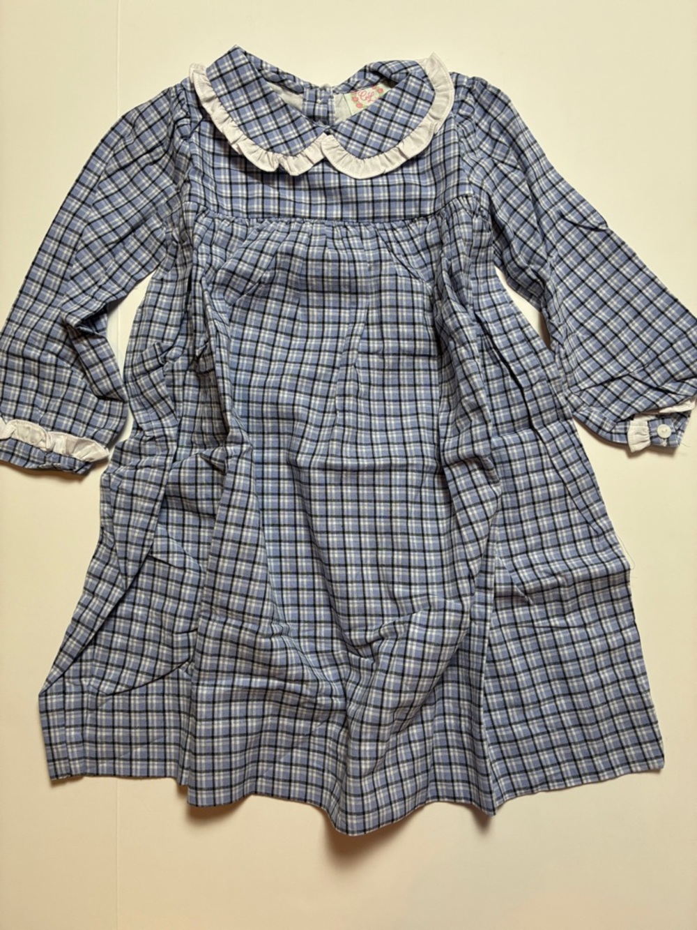 Girls' Blue Plaid Long-Sleeve Dress with Ruffle Peter Pan Collar